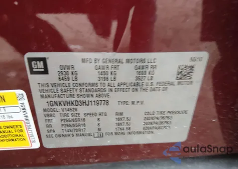 2017 Chevrolet Traverse 2Lt from USA, damaged, VIN 1GNKVHKD3HJ119778